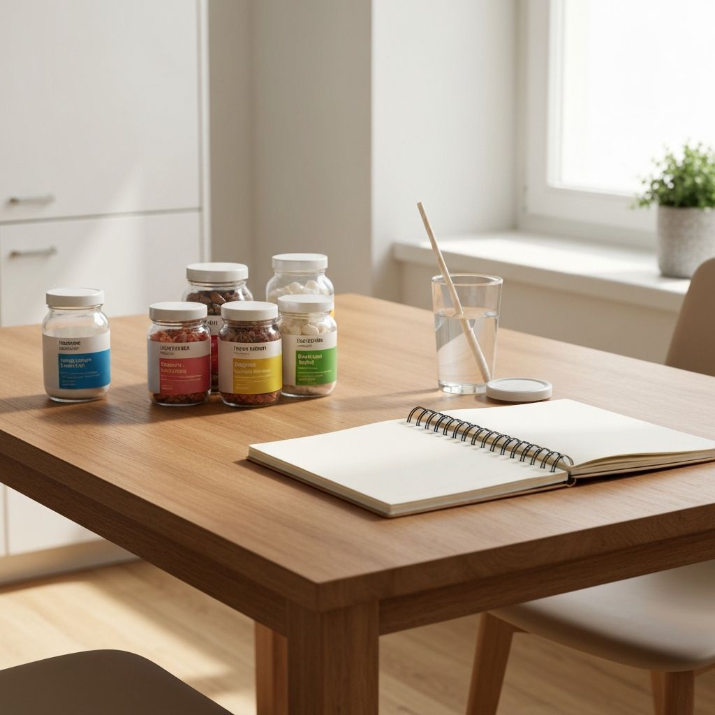 Helle Küche mit Supplementgläsern, Wasserglas und Notizbuch bei natürlichem Licht