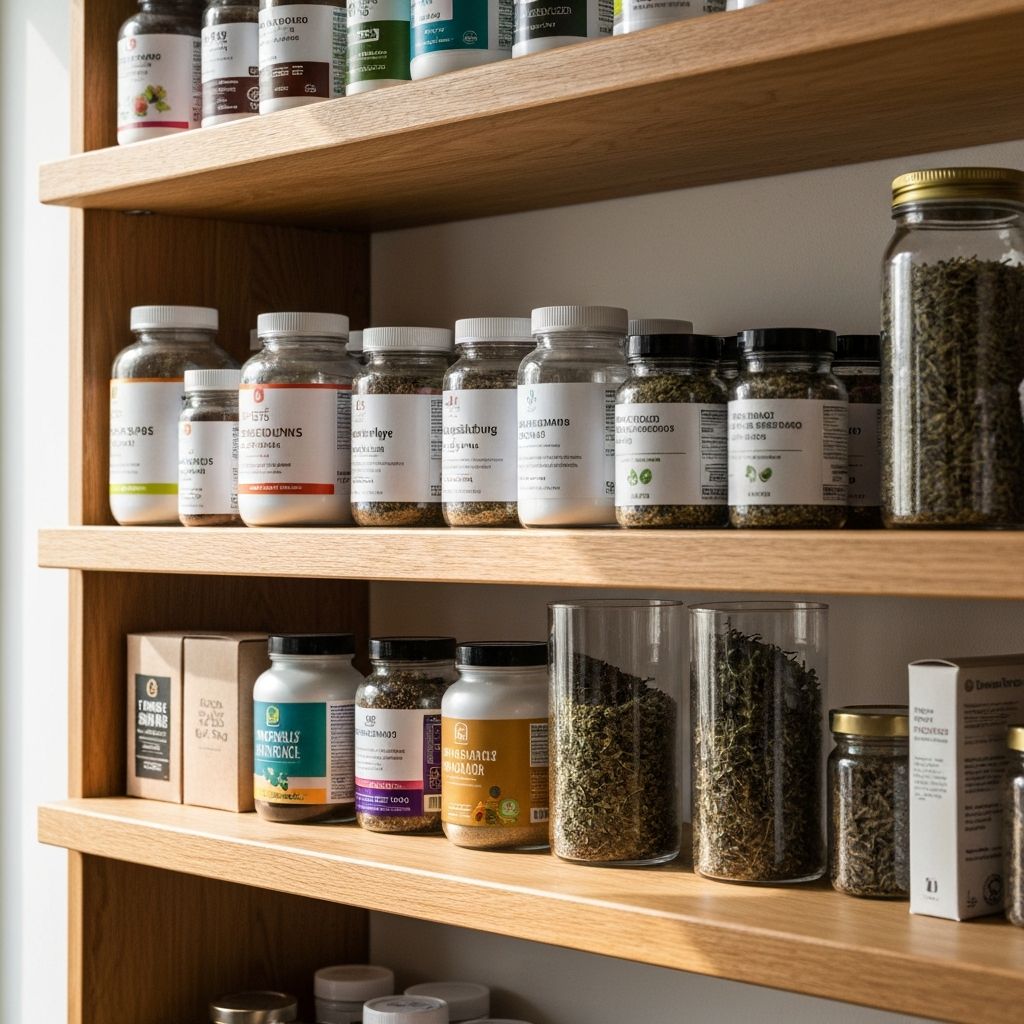 Küchenschrank mit Supplementgläsern, Pulvern und getrockneten Kräutern